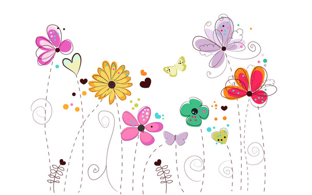 Tavaszi idő színes Doodle virágok. Absztrakt virág vektorgrafikus háttér - Vektor, kép