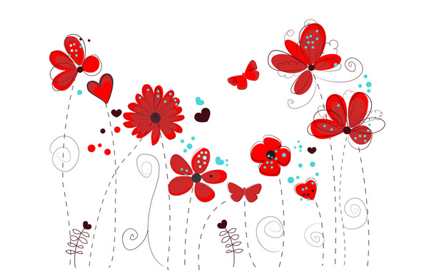 Spring time red doodle flowers vector background - Vektor, obrázek