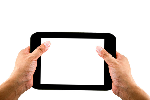 Hand holding tablet with blank screen isolated on white background - Zdjęcie, obraz