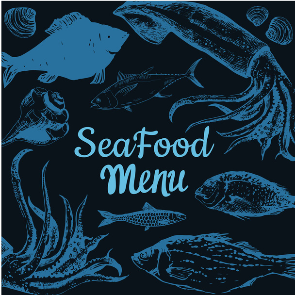 Hand-drawn sketch seafood: fish, lobster, clams, squid. - Vector, Image