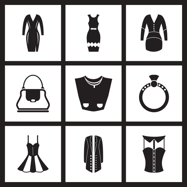 Concepto de iconos planos en ropa de mujer en blanco y negro
 - Vector, Imagen