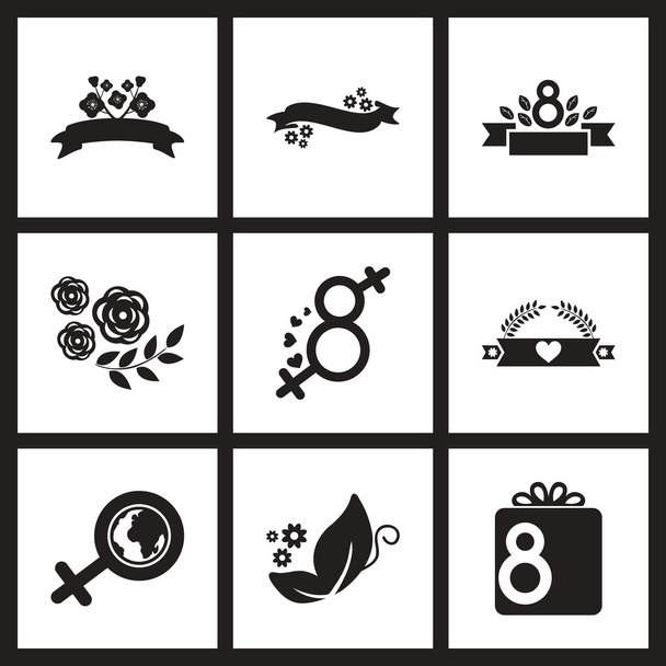 Concept plat pictogrammen in zwart-wit vrouwen dag - Vector, afbeelding