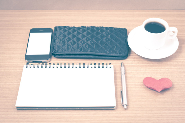 office desk : coffee with phone,heart,notepad,wallet vintage sty - Photo, image