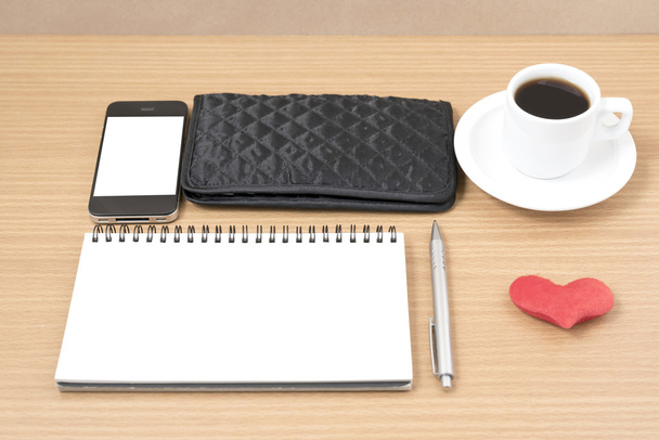 office desk : coffee with phone,heart,notepad,wallet - Фото, изображение