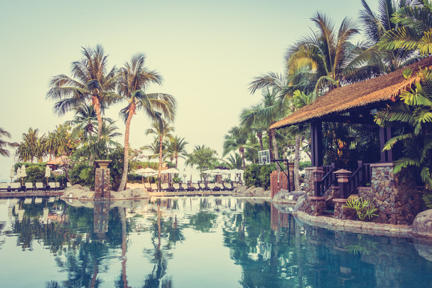 Palmiye ağaçları ile yüzme havuzu manzarası - Fotoğraf, Görsel