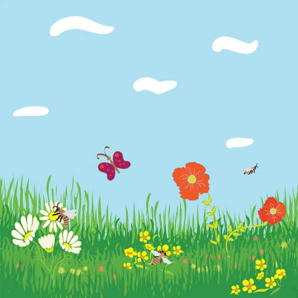 草、花、蝶、蜂、空と雲とのシームレスな水平の背景 - ベクター画像