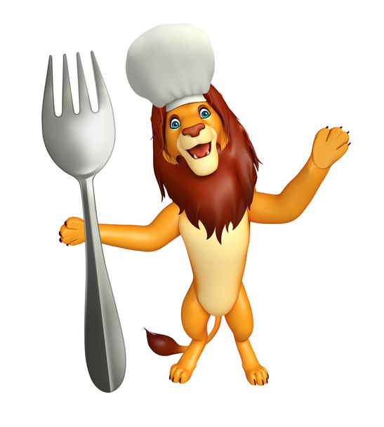 zábava Lion kreslená postava s kloboukem šéfkuchaře a lžíce - Fotografie, Obrázek