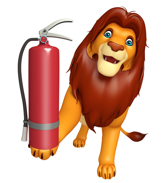 divertido León personaje de dibujos animados con extintor de incendios
 - Foto, Imagen