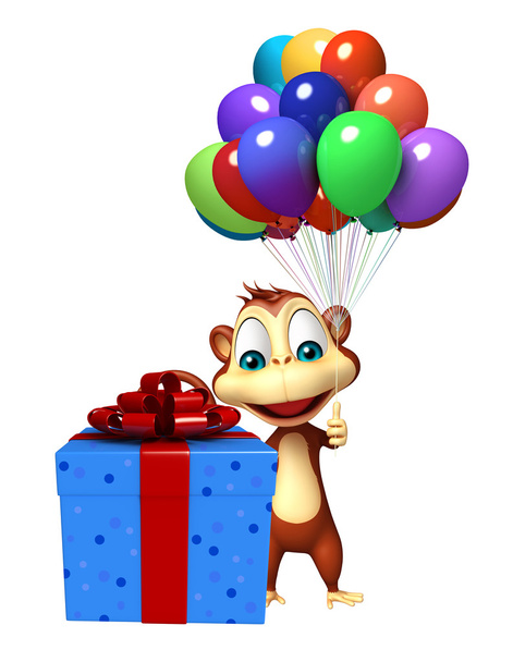 lindo personaje de dibujos animados Mono con globo y caja de regalo
 - Foto, imagen
