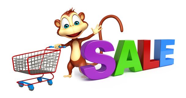 χαριτωμένο μαϊμού χαρακτήρα κινουμένων σχεδίων με trolly και πώληση σημάδι  - Φωτογραφία, εικόνα