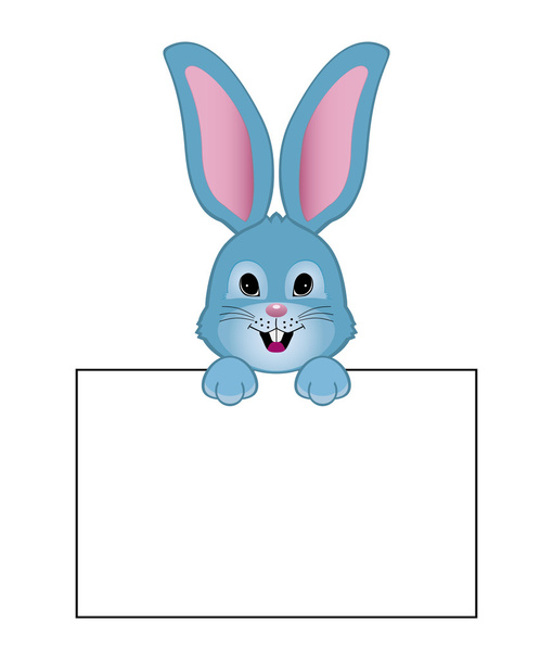 Divertido estilo de dibujos animados de conejo azul con cartel blanco
 - Vector, imagen