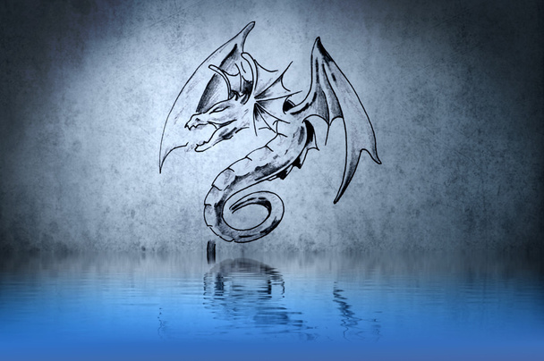 Dragon fantasy, tattoo drawing or decoration with water reflecti - Photo, image