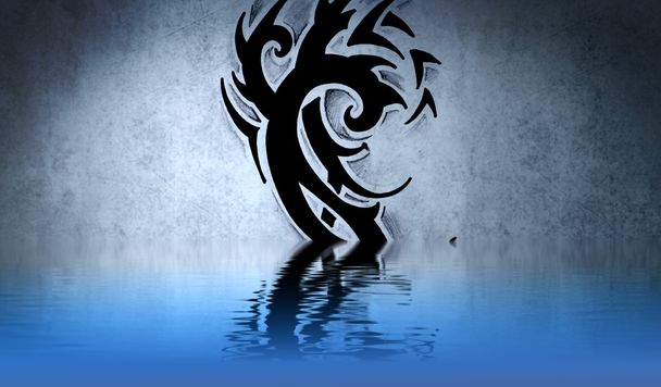 Black Tribal illustration with water reflection. Tattoo design o - Foto, imagen