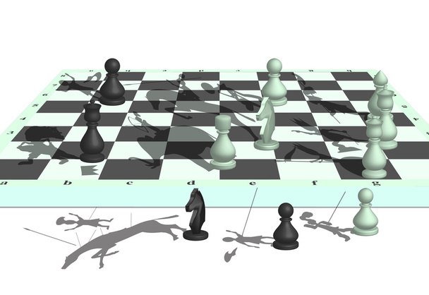 Het beeld van de oorlog op een schaakbord met deelname van schaakstukken - Foto, afbeelding