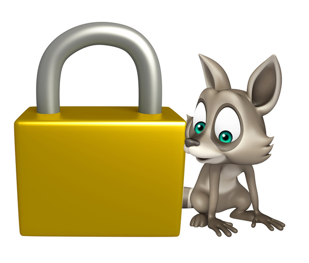 cute Raccoon cartoon character with lock - Photo, Image