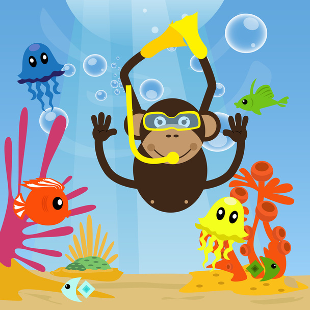 Monkey diving under sea - Vector, Image