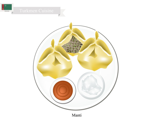 Dumpling de Manti o Turkmenistán Lleno de Carne Especiada
 - Vector, imagen
