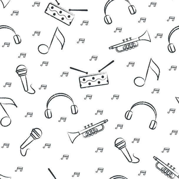 Seamless pattern childrens black felt-tip pen drawings on white background. Hand-drawn style. Seamless vector wallpaper with the image of music instrument drum, microphone, pipe, headphones and note - Vector, Image