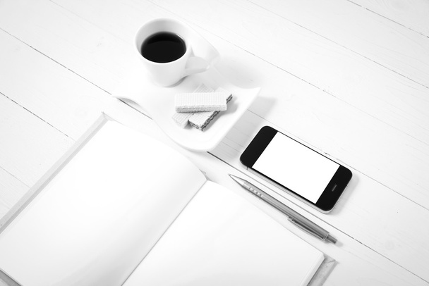 coffee cup with wafer,phone,notebook black and white color - Foto, Bild