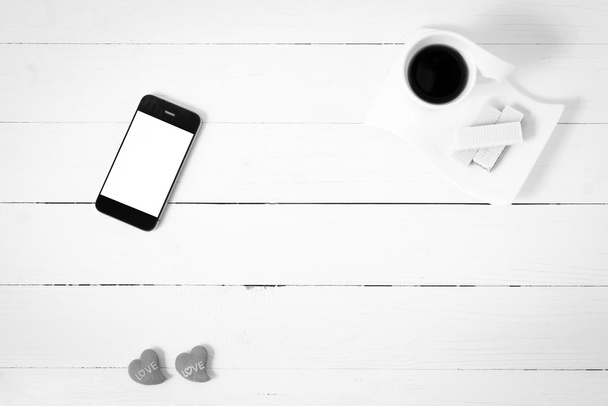 coffee cup with wafer,phone,heart black and white color - Foto, Imagem