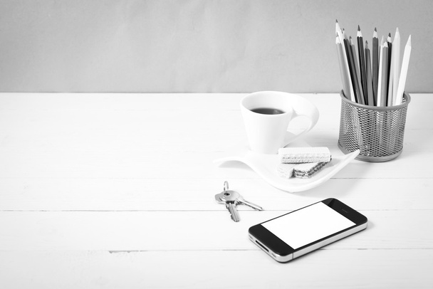 coffee cup with wafer,phone,pencil box,key black and white color - Fotoğraf, Görsel