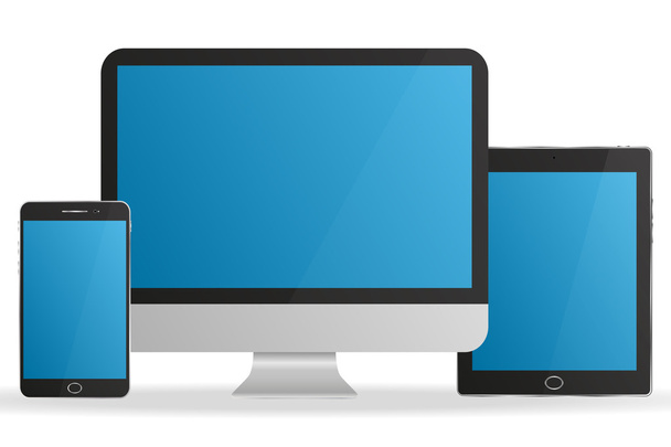 Установка реалистичного монитора, планшета и смартфона с синими экранами
 - Вектор,изображение