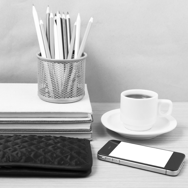 office desk : coffee with phone,stack of book,wallet,color box b - Fotoğraf, Görsel