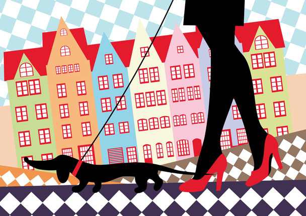 Woman with dog in a European town - Vector, Image