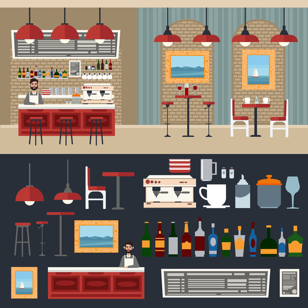 Cafe Interior. Different Beverages. Coffee Maker. Barman. Bar Table. European Cafe. Bistro, Restaurant, Coffee House - Vector, Image
