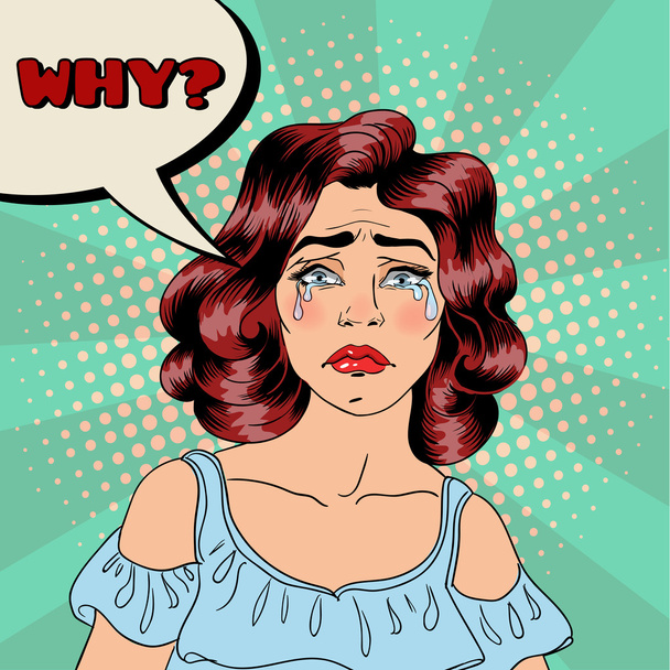Woman Crying. Woman Stress. Stress at Home. Stress at Work. Exhausted Woman. Woman in depression. Painful Feeling. Pop Art Banner - Vector, afbeelding