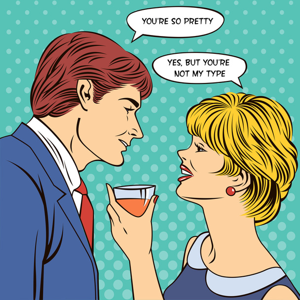 Coqueteando pareja. Mujer bebiendo champán. El hombre coquetea con una mujer. Mujer con un vaso. Banner de arte pop
 - Vector, Imagen
