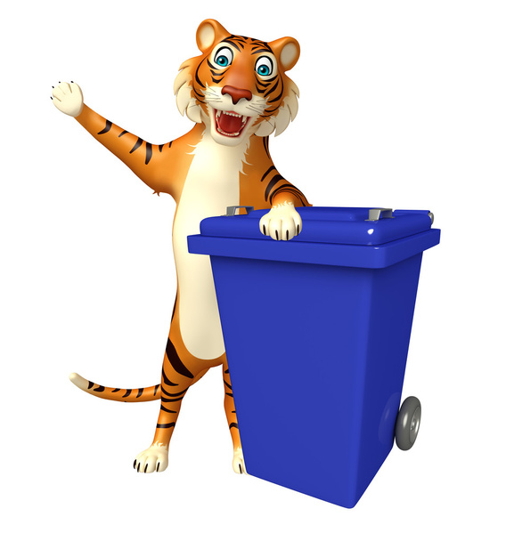 Tigre personnage de dessin animé avec poubelle
  - Photo, image