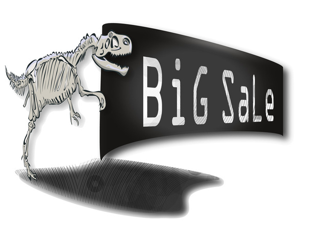 Big Rex dinosaur skeleton with a sign in his paws cheapening - Vector, Image