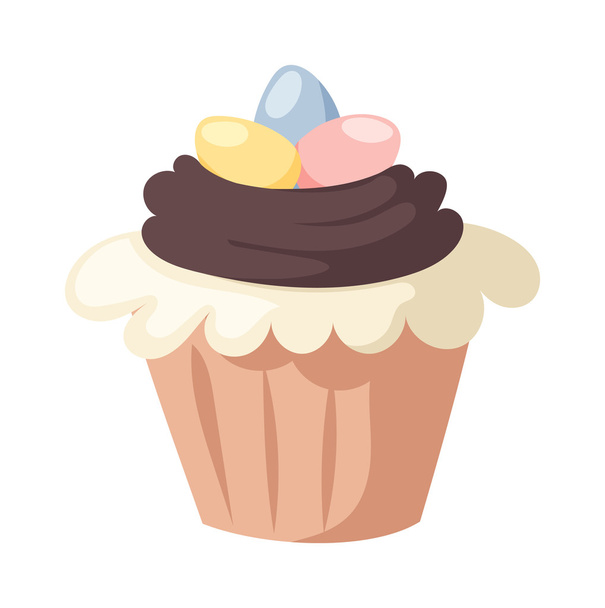 Traditional easter cake white sweet icing, sprinkles, holliday burning candle and colorful egg vector. - Vector, Image