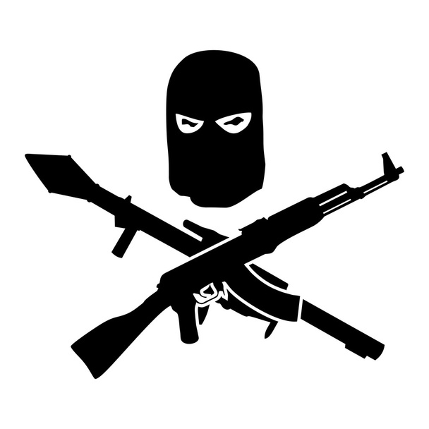 Silhouette des Kopfes eines Mannes mit einer Maske unter der Waffe - Vektor, Bild