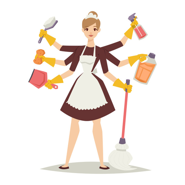 Housewife girl and home cleaning equipment icon in flat style vector illustration. - Vector, Image