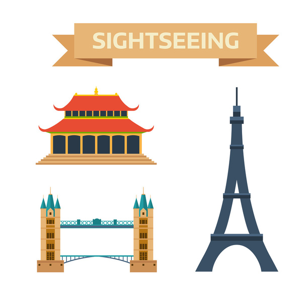 Sightseeing eiffel tower Paris, London bridge, China summer imperial palace traditional history landmark vector. - Vector, afbeelding