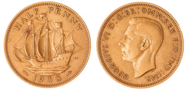 Pół grosza 1938 moneta na białym tle na białym tle, Wielka Brytania - Zdjęcie, obraz