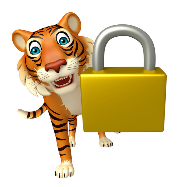 szórakoztató tigris rajzfilmfigura zárral   - Fotó, kép