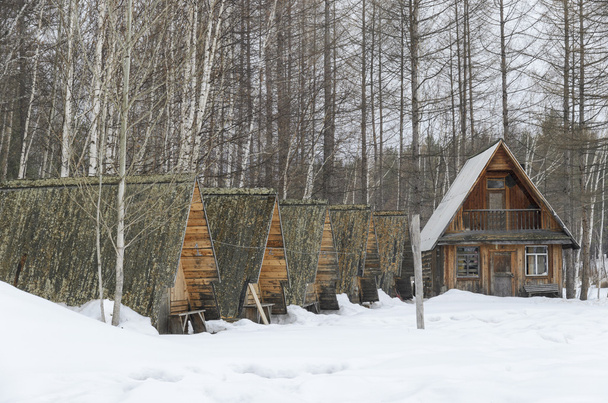 Voormalige toeristische kamp op het platteland met een houten woning - Foto, afbeelding