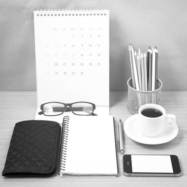 office desk : coffee with phone,wallet,calendar,heart,notepad,ey - Valokuva, kuva