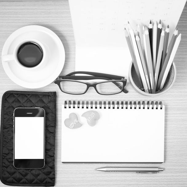 office desk : coffee with phone,wallet,calendar,color pencil box - Foto, afbeelding