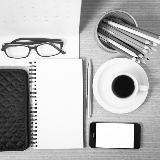office desk : coffee with phone,wallet,calendar,heart,notepad,ey - Φωτογραφία, εικόνα