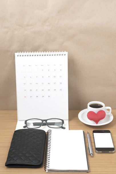 office desk : coffee with phone,wallet,calendar,heart,notepad,ey - Photo, image