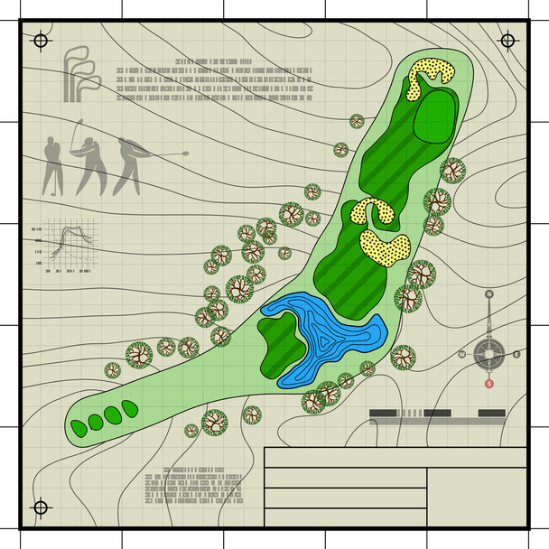 Golfbaan lay-out blauwdruk tekening - Vector, afbeelding