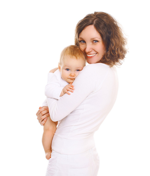 Portrait happy smiling mother with baby on a white background - Foto, immagini