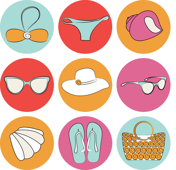 Vector summer beach accessories icon set - Vetor, Imagem