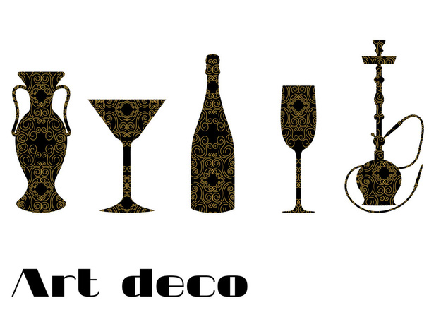 Iconos con grabado. Adorno dorado sobre fondo negro. Vasos de vino, jarrón, botella de champán, estacas. Al estilo de Art Deco
. - Vector, imagen