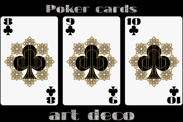 Poker carte à jouer. 8 clubs. 9 clubs. 10 clubs. Cartes de poker dans le style art déco. Carte de taille standard
. - Vecteur, image