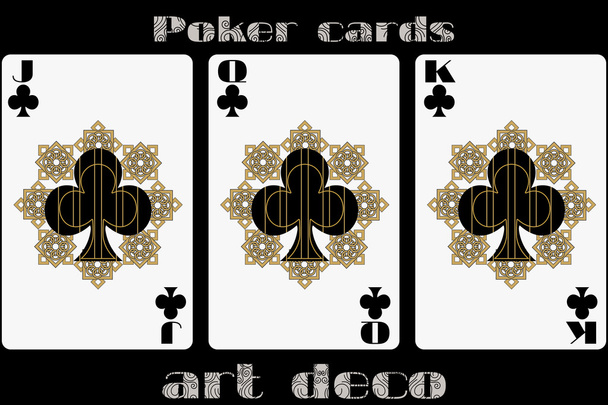 Παιγνιόχαρτο πόκερ. Jack κλαμπ. Βασίλισσα κλαμπ. Βασιλιάς κλαμπ. Χαρτιά του πόκερ σε στυλ αρτ ντεκό. Τυπικό μέγεθος κάρτας. - Διάνυσμα, εικόνα
